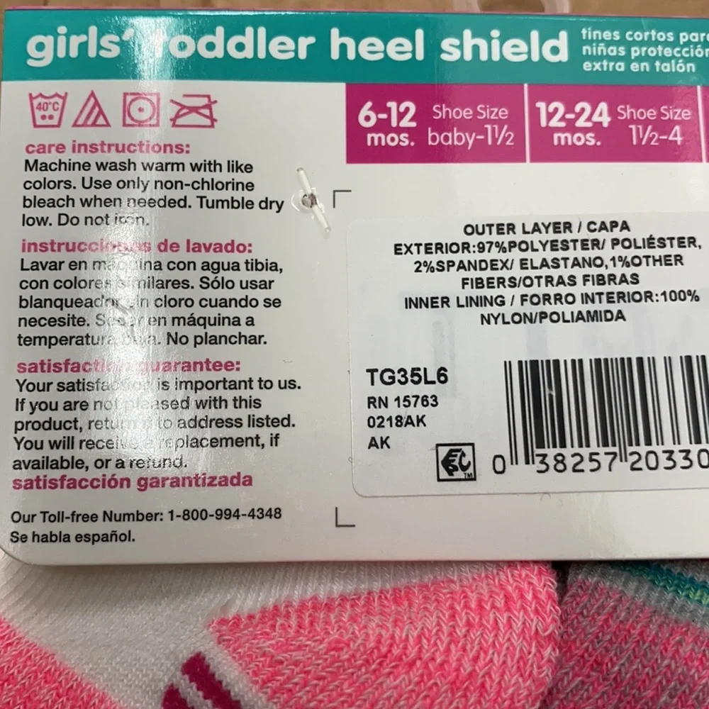 Hanes Girls Toddler Heel Shield Arch Support 6-Pairs Socks 6-12 Months NEW